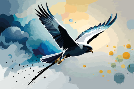 Vector illustration of an eagle flying in the blue sky with clouds.の写真素材