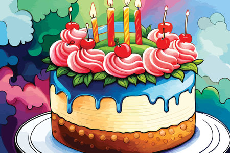 Illustration of a birthday cake with cherries and candles on topのイラスト素材