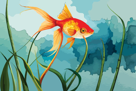 Illustration of a goldfish on a background of the sea.のイラスト素材
