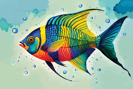 Illustration of a tropical fish on a watercolor background with bubblesのイラスト素材