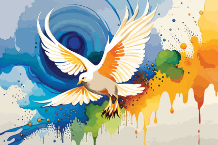 Grunge background with a flying bird and a colorful splash.のイラスト素材
