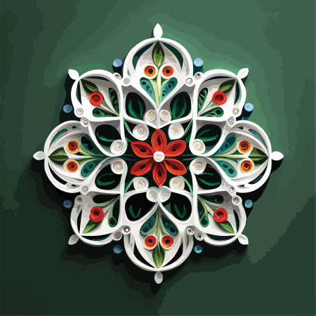 Illustration of a mandala on a green background with flowers.のイラスト素材
