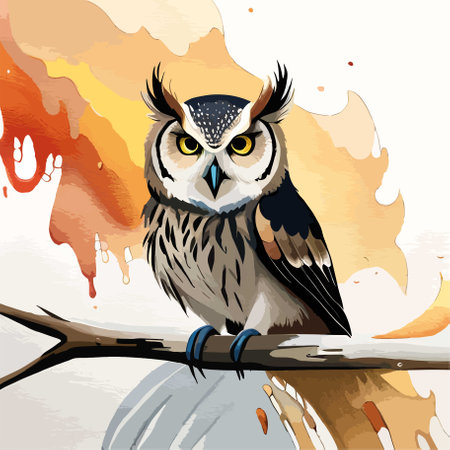 Owl on a branch with watercolor splashes. Vector illustration.のイラスト素材