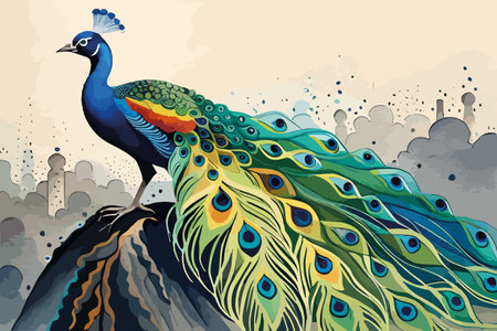 Peacock on the top of the mountain. Vector illustration.のイラスト素材