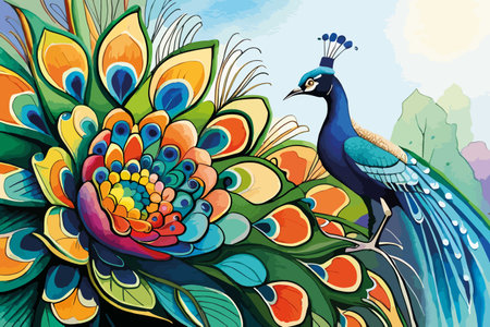 Beautiful peacock on a background of flowers. Vector illustration.のイラスト素材