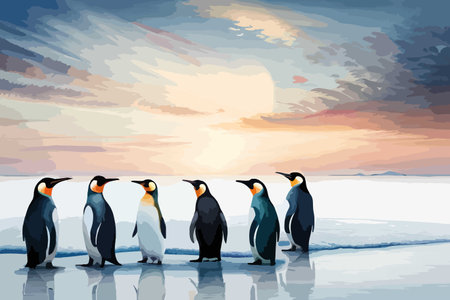 Penguins in the ice on the beach. Vector illustration.のイラスト素材