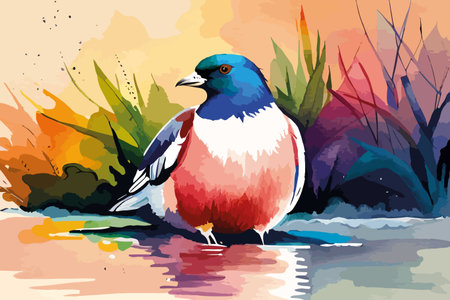 Colorful vector illustration of a bird sitting on the shore of the lakeのイラスト素材
