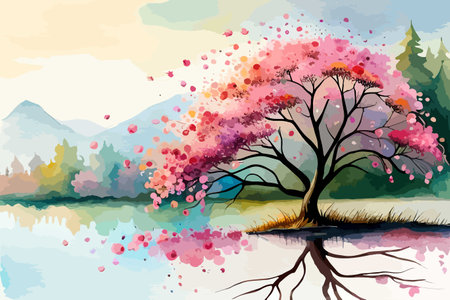 Illustration of cherry blossom tree on a lake with mountains in the backgroundのイラスト素材