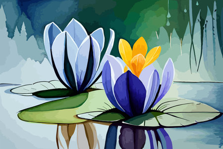 Beautiful water lily flowers in the pond. Vector illustration.のイラスト素材