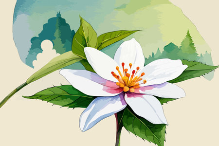 Illustration of a white flower on a green background with mountains.のイラスト素材