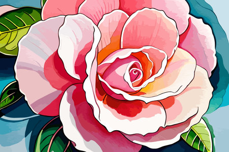 Illustration of a pink rose with green leaves on a blue backgroundのイラスト素材