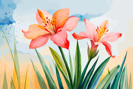 Flowers on the background of the sea and sky. Vector illustration.のイラスト素材