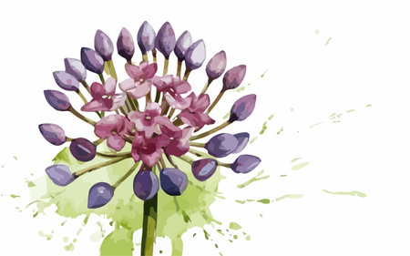 Illustration of a bunch of purple flowers with watercolor splashesのイラスト素材