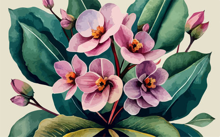 Vector illustration of a bouquet of purple orchids with green leavesのイラスト素材