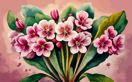 Illustration of a violets bouquet on a pink backgroundのイラスト素材