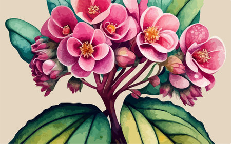 Illustration of a pink flower with green leaves on a light backgroundのイラスト素材