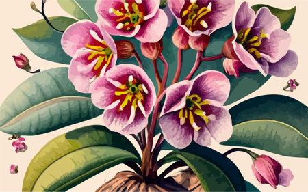 Illustration of pink flowers in a pot on a beige backgroundのイラスト素材