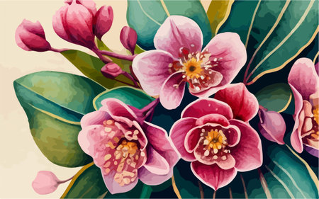 Camellia flowers with green leaves. Vector floral background.のイラスト素材