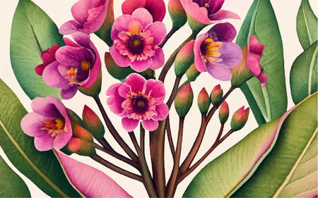 Beautiful pink flowers with green leaves on white background. Floral background.のイラスト素材