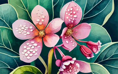 Vector illustration of pink flowers on green leaves background. Vector illustration.のイラスト素材