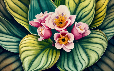 Illustration of beautiful pink and white flowers on a green background.のイラスト素材