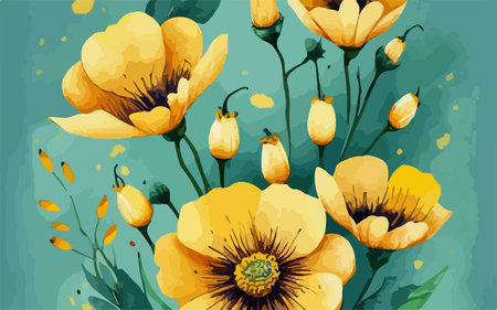 Yellow poppies. Floral spring background. Vector illustration.のイラスト素材