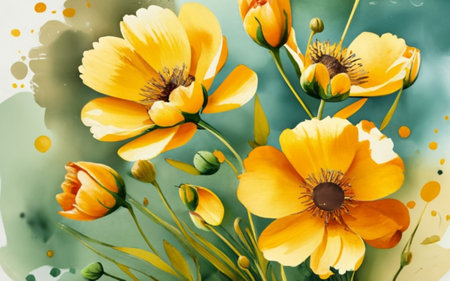 Yellow poppies on watercolor background. Floral background.のイラスト素材