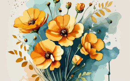 Watercolor floral background with yellow poppies. Vector illustration.のイラスト素材