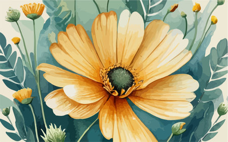 Illustration of a yellow daisy flower with leaves on a white backgroundのイラスト素材