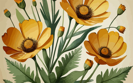Vector floral background with poppies and leaves. Hand drawn illustrationのイラスト素材