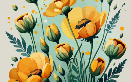 Floral background with poppies and leaves. Vector illustration.のイラスト素材
