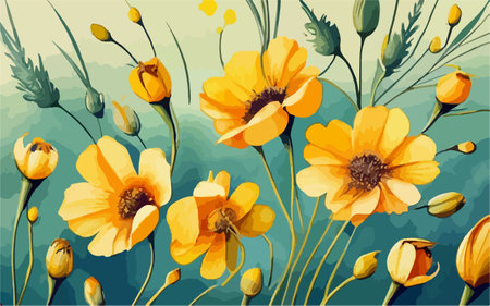 Vector floral background with yellow poppies in watercolor style.のイラスト素材