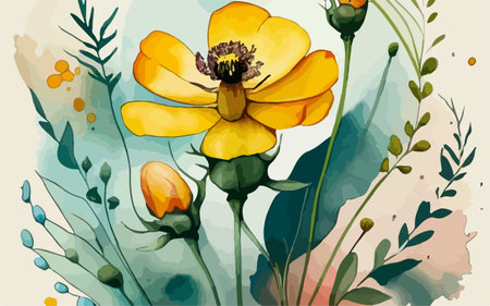 Elegant floral background with yellow flowers and leaves. Vector illustration.のイラスト素材