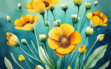 Yellow poppies on a blue background. Vector illustration for your designのイラスト素材