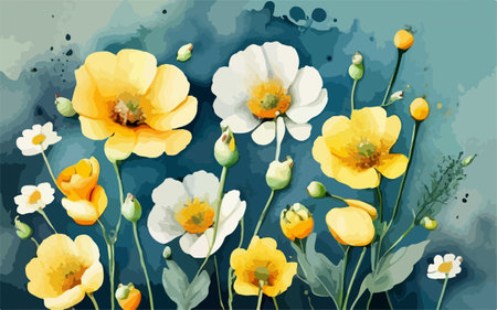 Yellow poppies on a blue watercolor background. Vector illustrationのイラスト素材