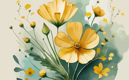 Watercolor floral background with yellow poppies. Vector illustration.のイラスト素材