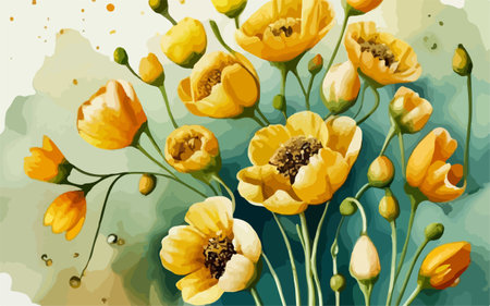 Vintage background with yellow poppies and watercolor splashesのイラスト素材