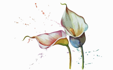 Illustration of calla lily flowers with watercolor splashesのイラスト素材