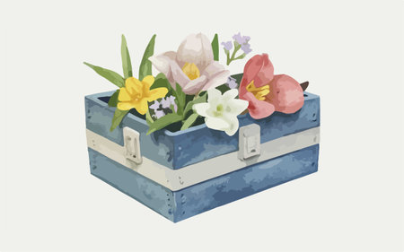 Vector illustration of a blue wooden box with spring flowers and tulipsのイラスト素材
