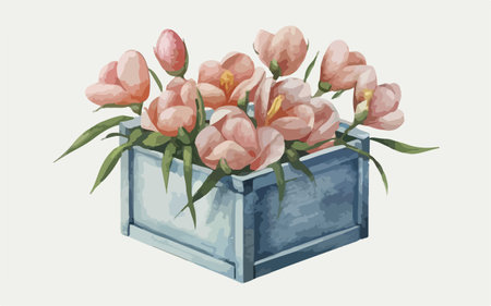 Illustration of a bouquet of tulips in a wooden boxのイラスト素材