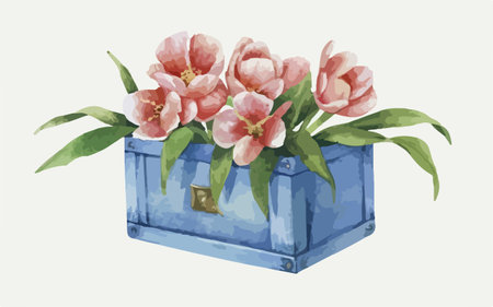 Illustration of a bouquet of tulips in a blue boxのイラスト素材