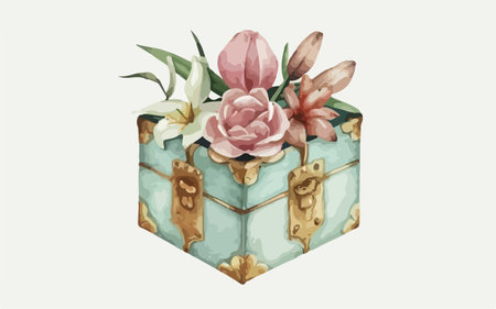 Vintage gift box with peony flower inside. Vector illustration.のイラスト素材