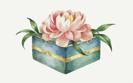 Illustration of a gift box with a peony on a white backgroundのイラスト素材