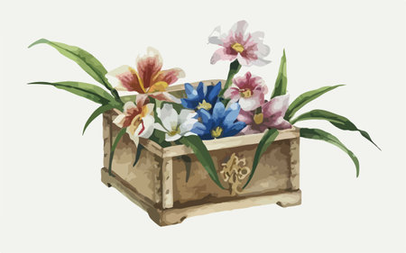 Illustration of a wooden box full of spring flowers and leaves.のイラスト素材