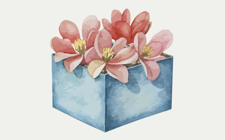 Illustration of a blue gift box with flowers in watercolor styleのイラスト素材