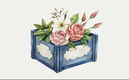 Watercolor illustration of a blue box with flowers on a white backgroundのイラスト素材
