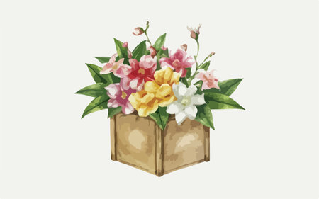 Illustration of a bouquet of flowers in a wooden box.のイラスト素材