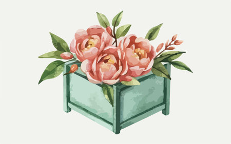 Illustration of a green wooden box with pink peonies and green leavesのイラスト素材