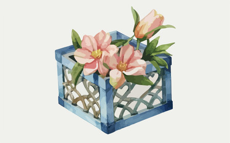 Flowers in a blue wooden box. Watercolor vector illustration.のイラスト素材
