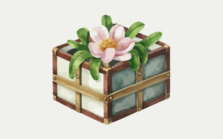 Illustration of a wooden box with a flower on a white backgroundのイラスト素材